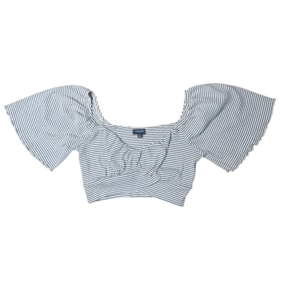 Originality Striped Flutter Sleeve Crop Top‎ White Brown Ribbed Surplice Medium